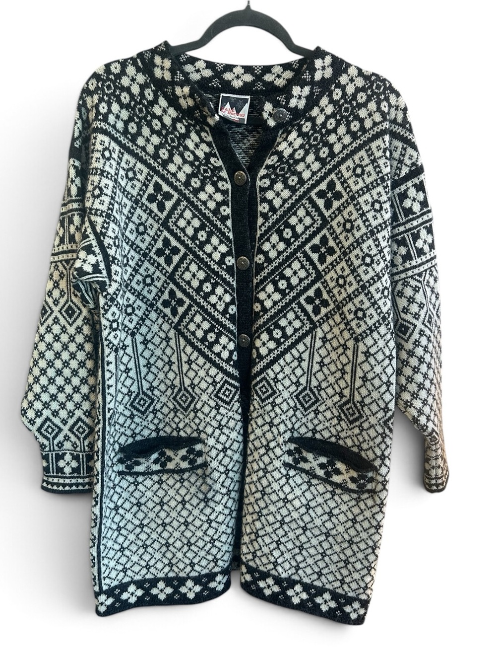 Dale of Norway Vintage Black & Cream Nordic Knit Cardigan S made in Norway Wool